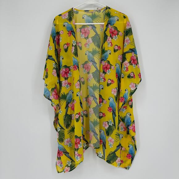 Soft Surroundings Kimono Womens ONE SIZE Swim Coverup Yellow Tropical Parrot - Picture 2 of 7
